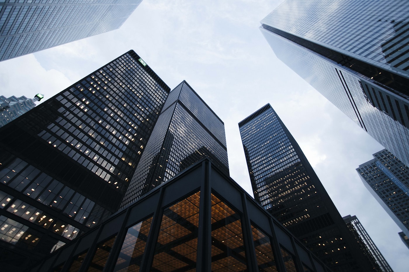 Modern city skyline at dusk reflecting global financial markets